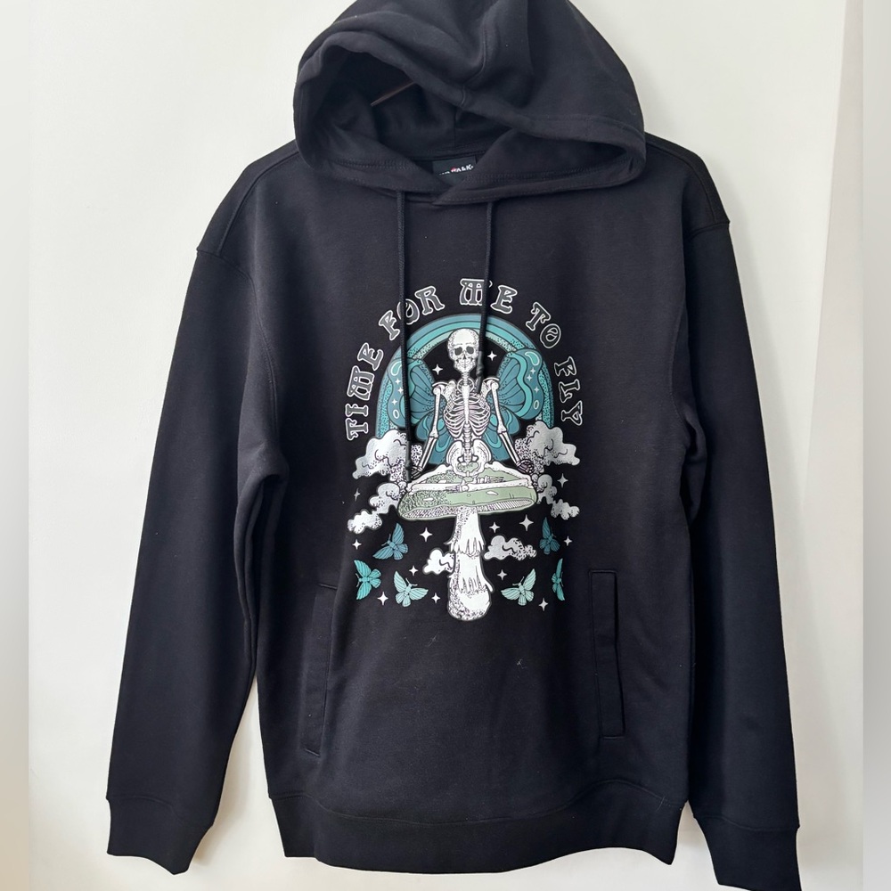 Airwalk Black Hoodie with Teal and White Skeleton Mushroom Graphic